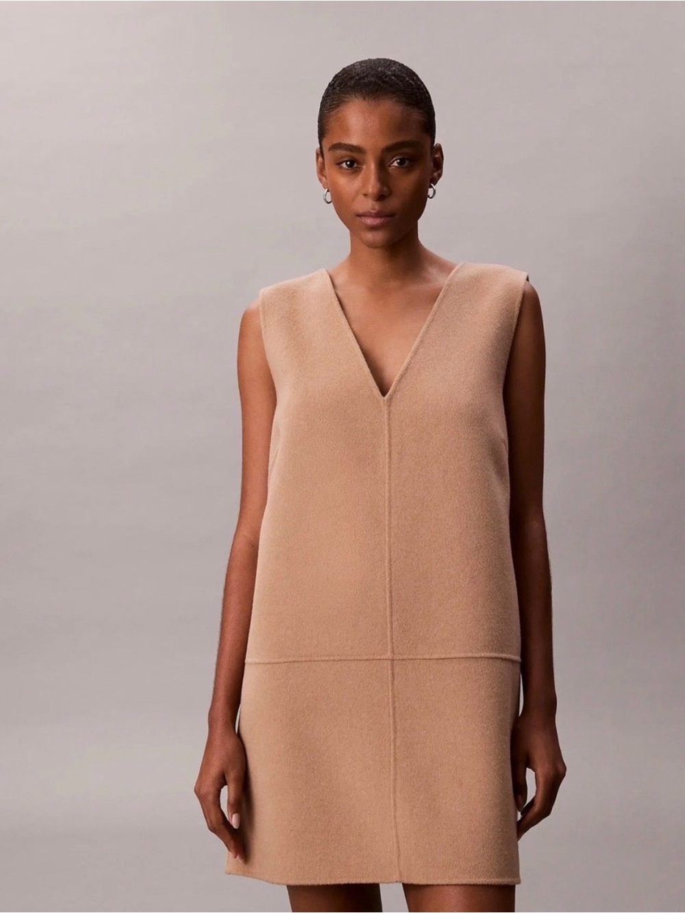 NWT CALVIN KLEIN WOOL Sleeveless V-Neck Shift Dress in Camel BEIGE SZ 4 SMALL